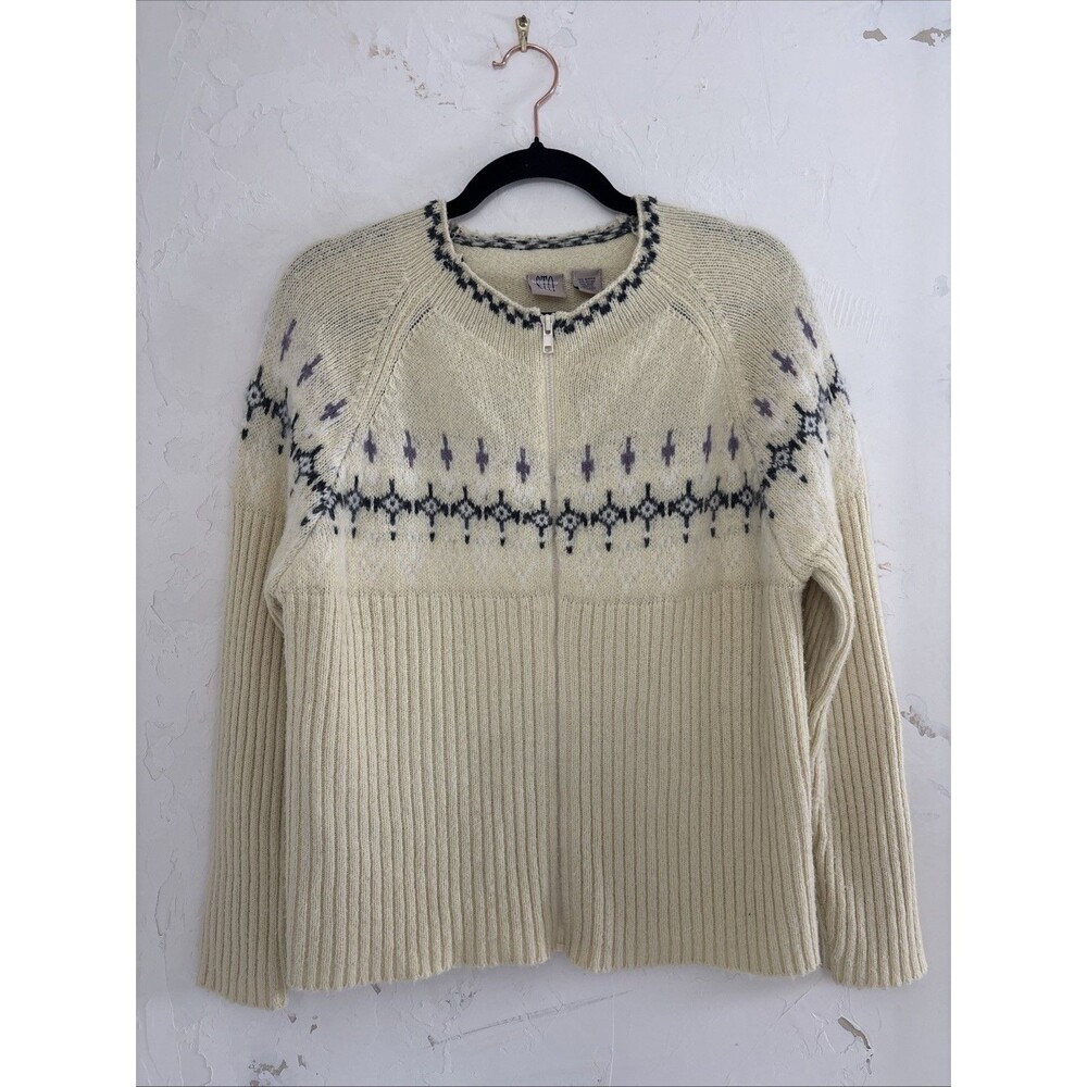 Women’s Vintage Nordic Fair Isle Knit Wool Blend Zip Sweater PM Cottagecore